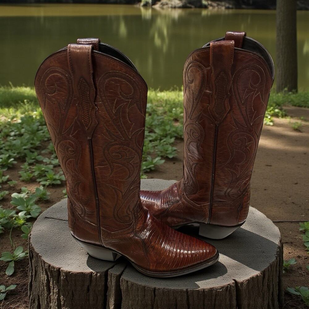 Vintage 1996 Dan Post Teju Lizard Cowboy Boots Brown Mens 6 Wide | W 7. 5-8 EUC!